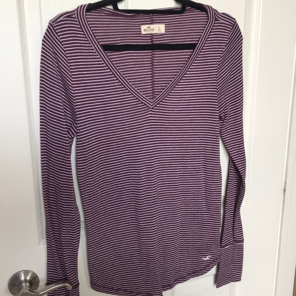 Hollister v neck red & white long sleeve shirt